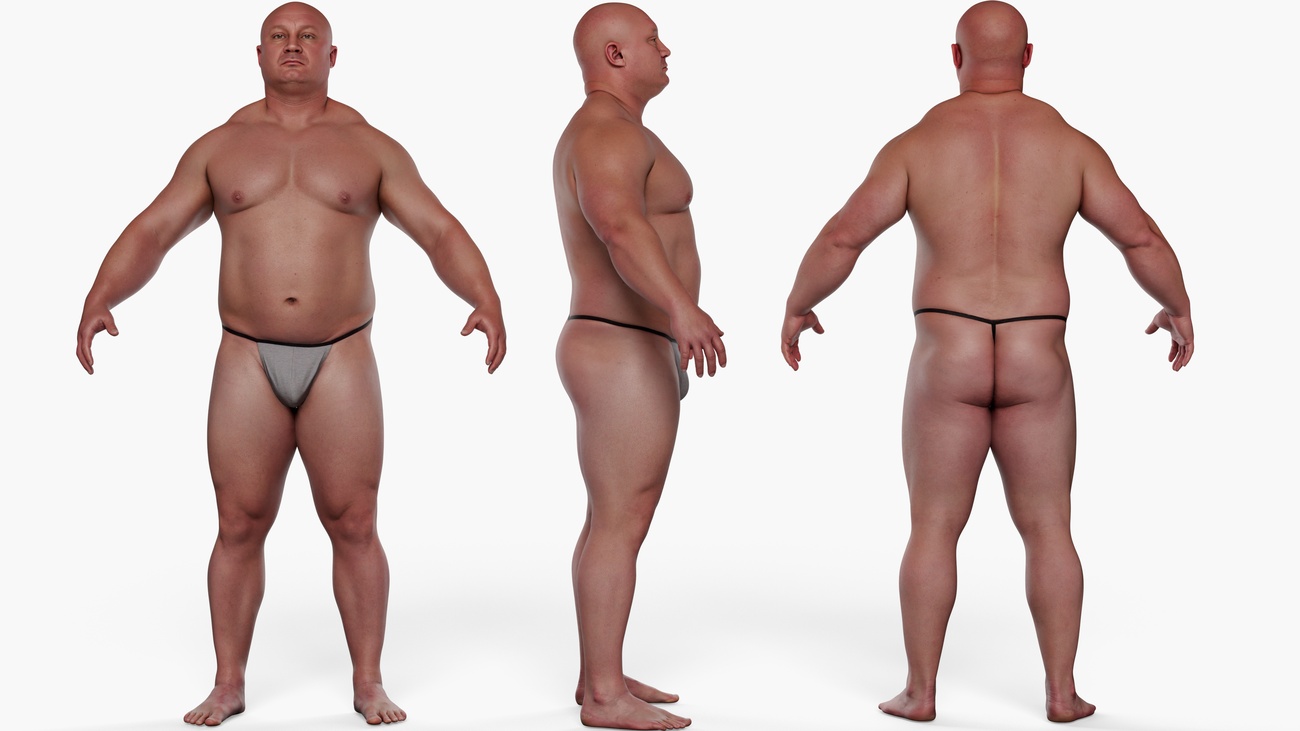 Full body 3D scan of a heavy-set male with broad shoulders and thick limbs, retopologised quad mesh with PBR textures